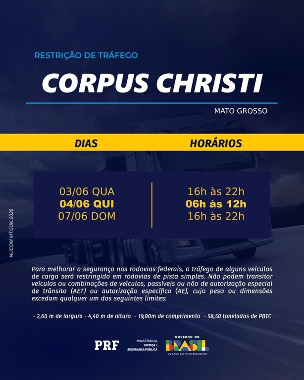 PRF intensifica fiscalização nas rodovias de Mato Grosso durante feriado de Corpus Christi 2026