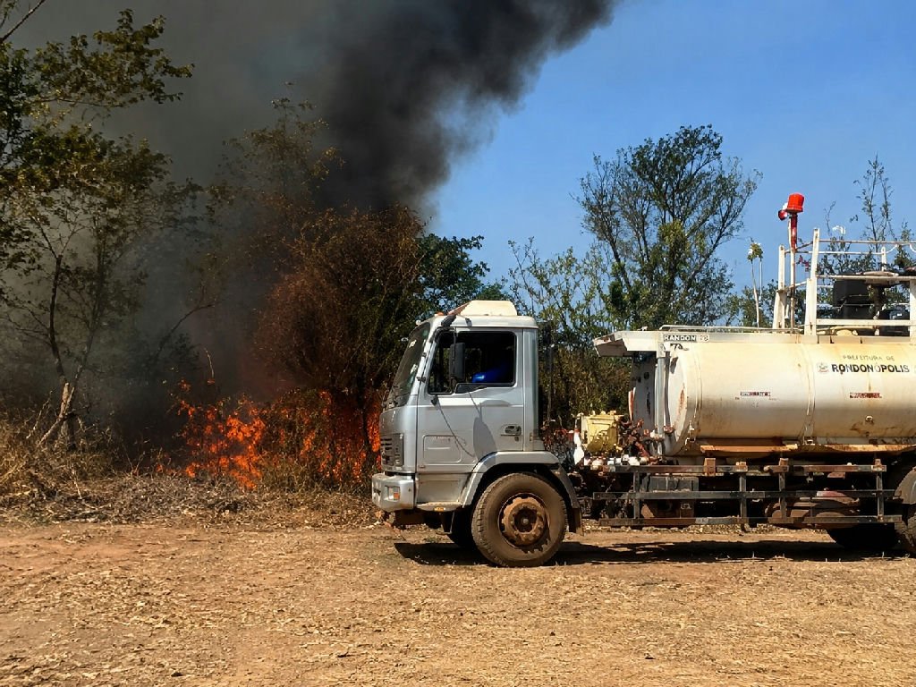 Brigadistas atuam no combate a incêndio em área próxima ao centro de Rondonópolis