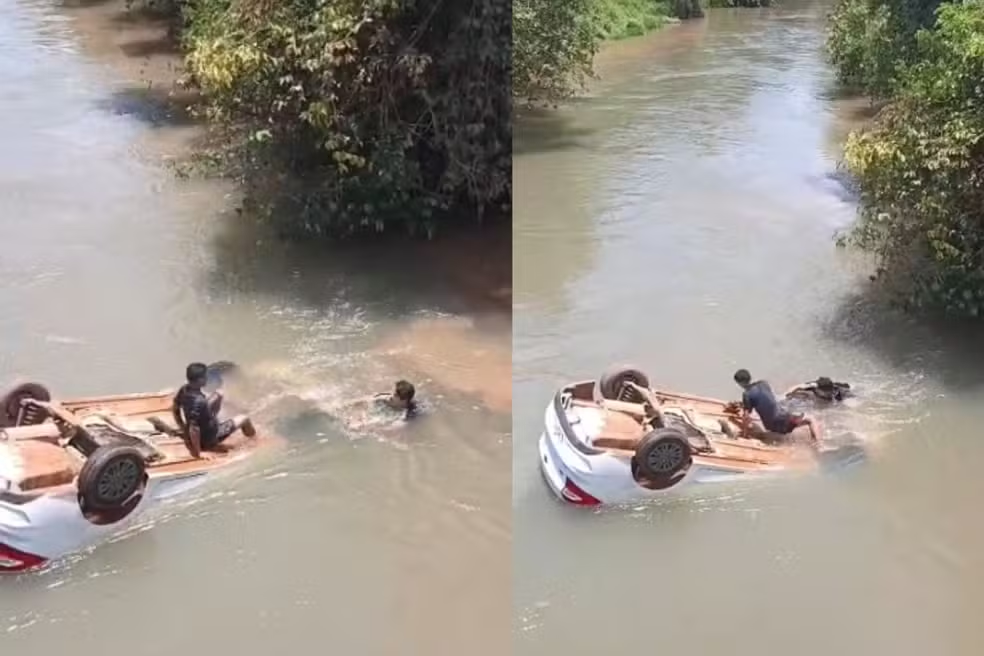Criança de 1 ano e 6 meses é resgatada após carro cair de ponte em Sorriso, MT