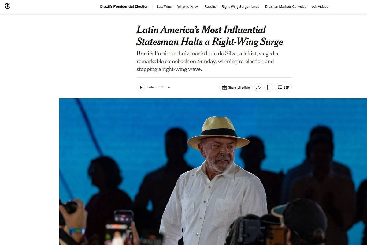 Imprensa internacional vê vitória de Lula como estratégia para derrotar a extrema direita